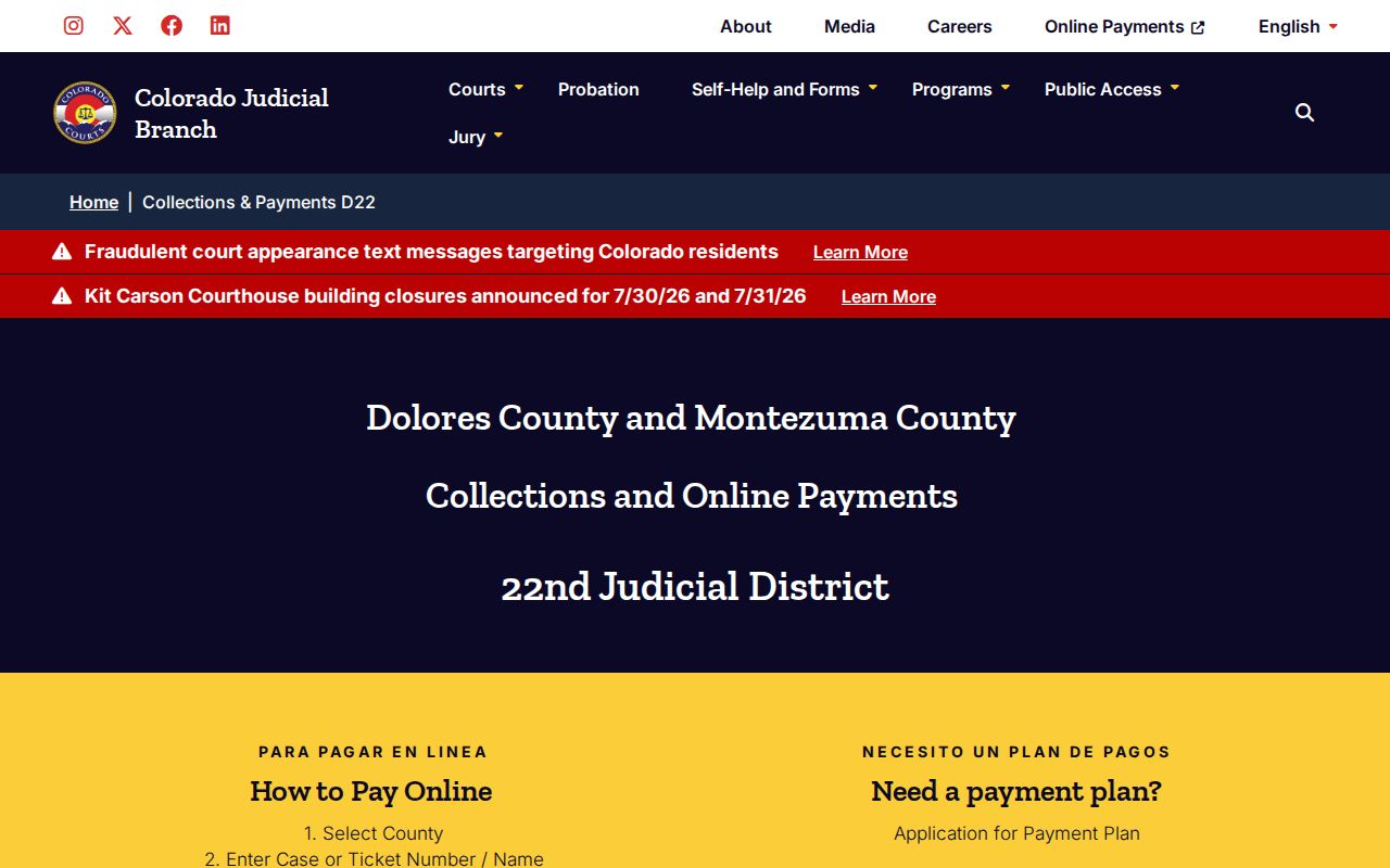 Montezuma County court dockets 22nd Judicial District payments page