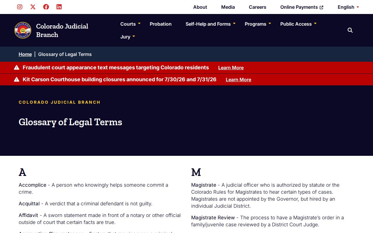 Montezuma County court records Colorado Judicial glossary