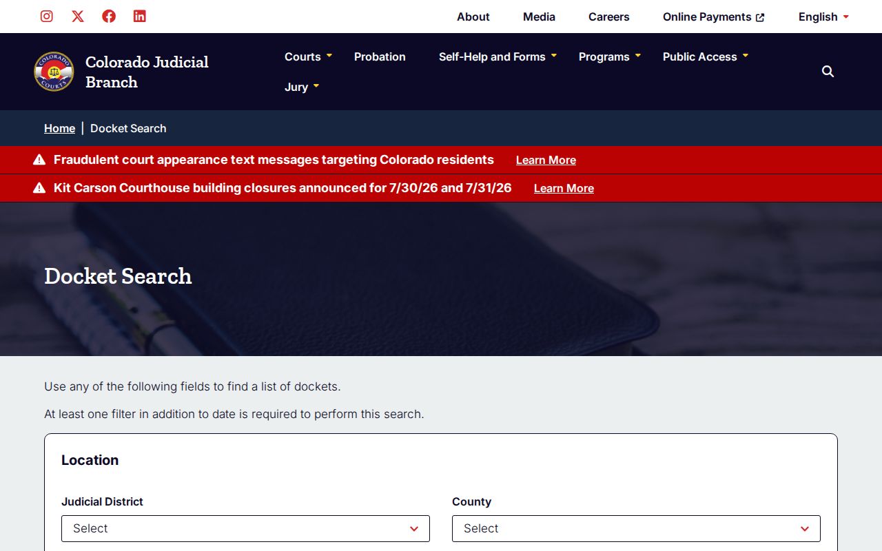Montezuma County court records Colorado docket search page
