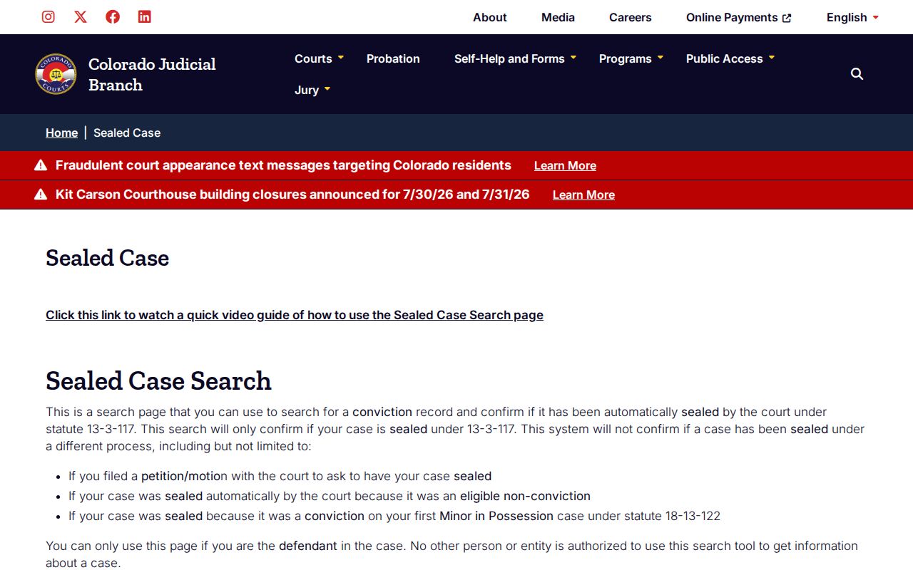 Montezuma County court records sealed case search page