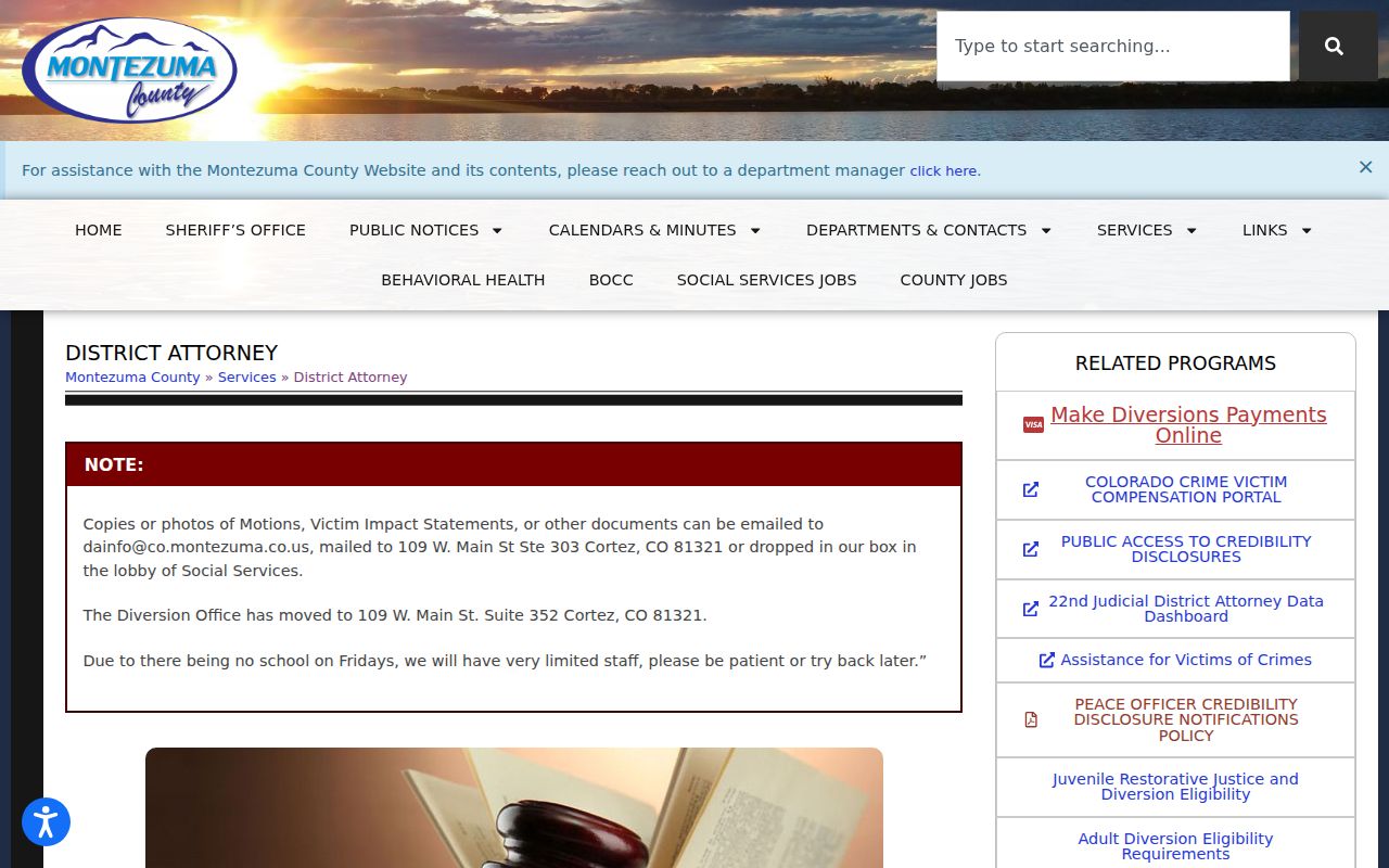 Montezuma County criminal court records District Attorney page