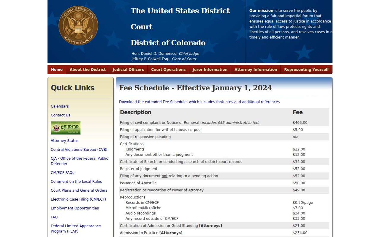Montezuma County District Court records federal fee schedule