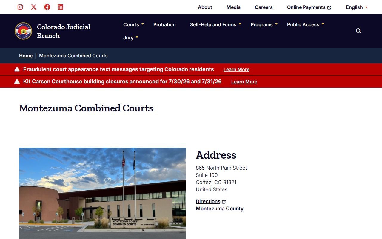 Montezuma County court records location page for Montezuma Combined Courts
