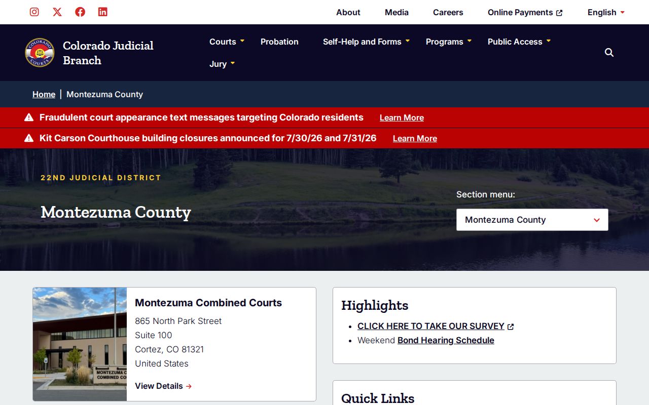 Montezuma County court records page for local trial court services