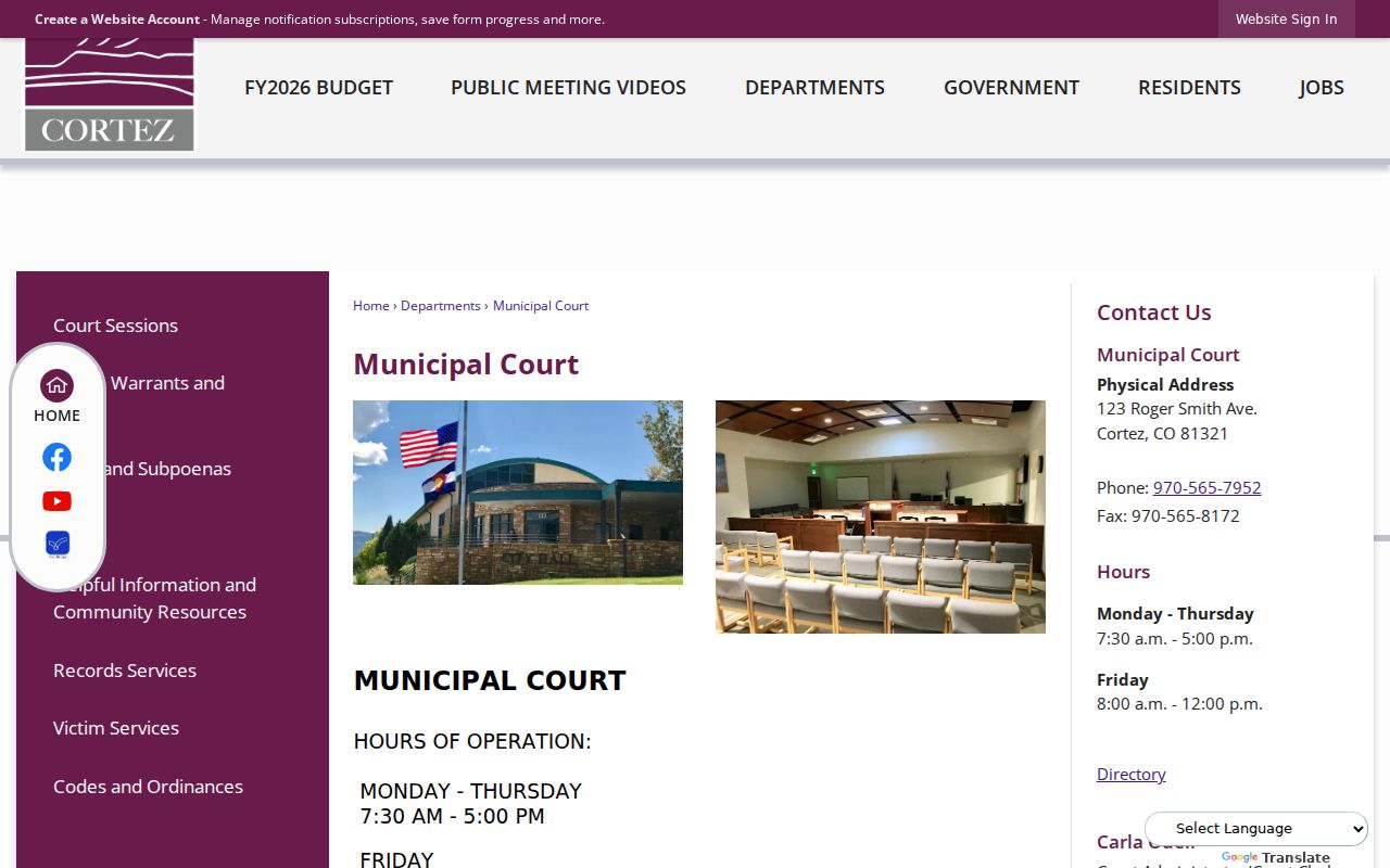 Montezuma County traffic court records Cortez Municipal Court page