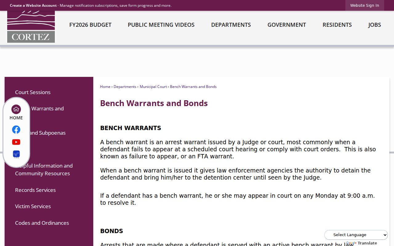 Montezuma County warrant records Cortez bench warrants and bonds page